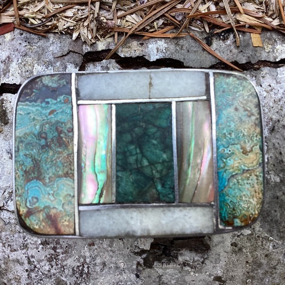 Vintage Silver Turquoise Mother Of Pearl Quartz Stones Inlay Belt Buckle - Picture 4 of 14